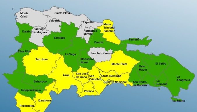 El COE coloca diez provincias y el Distrito Nacional en alerta amarilla y catorce en alerta verde; lluvias continúan este sábado