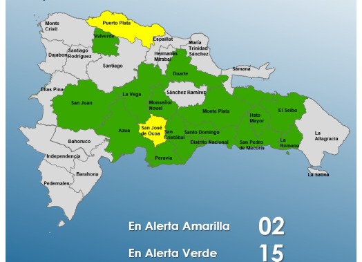 COE mantiene 2 provincias en alerta amarilla y 15 en verde; descontinúa nivel verde en 11